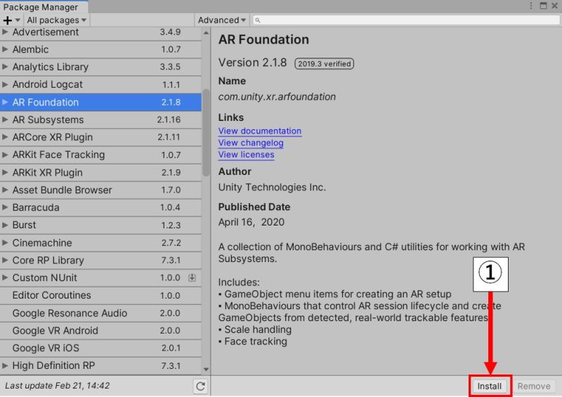 「AR Foundation」を選択したら、右下の「Install」ボタンを押す