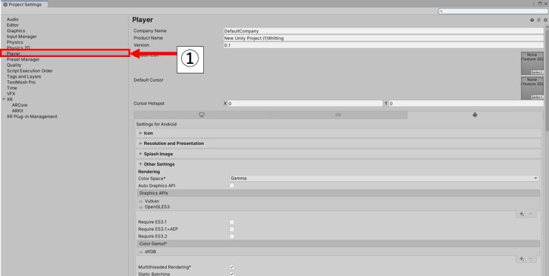 「Project Settings」の中から「Player」を選択する
