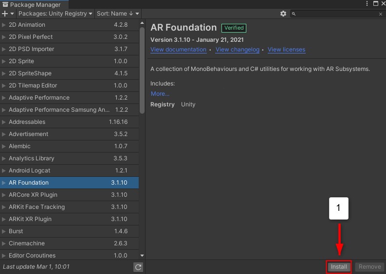 【HoloLens】で「AR Foundation」07.AR Foundation」を選択したら、右下の「Install」ボタンを押す
