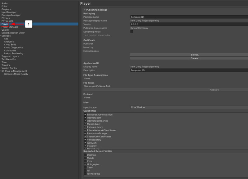 【HoloLens】で「AR-Foundation」09.「Project-Settings」の中から「Player」を選択する