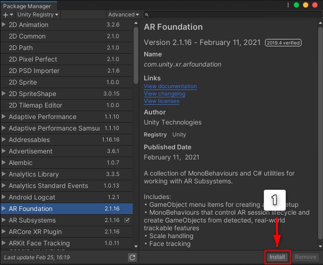 【IOS】で「AR Foundation」07.AR Foundation」を選択したら、右下の「Install」ボタンを押す