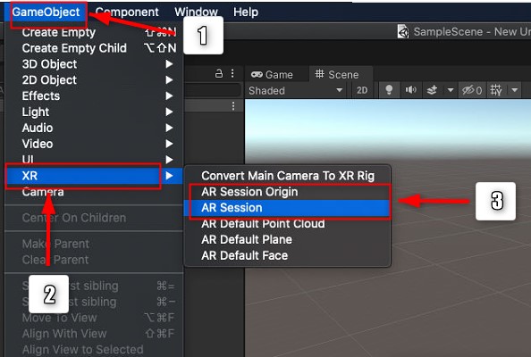 【IOS】で「AR Foundation」12.「GameObject」の一覧の中から「XR」を選択する