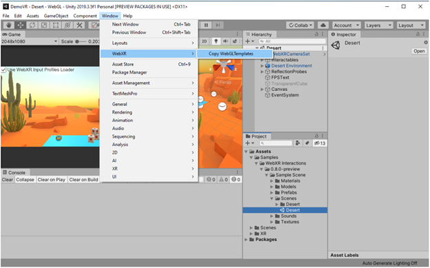 Window -> WebXR -> Copy WebGLTemplates