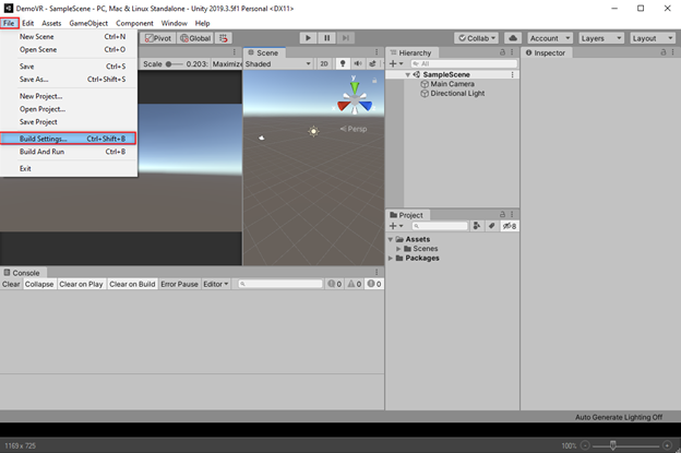 Tạo xong project thì vào: File -> Build Settings