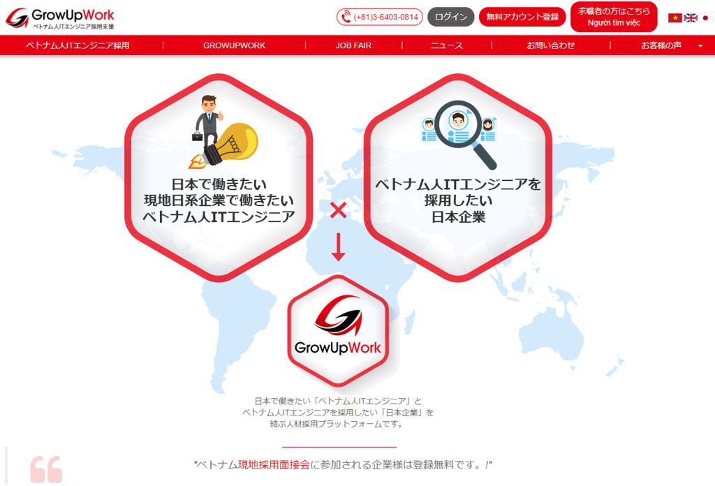 外国人エンジニアと企業の求人WEBサイトの制作-GROWUPWORK