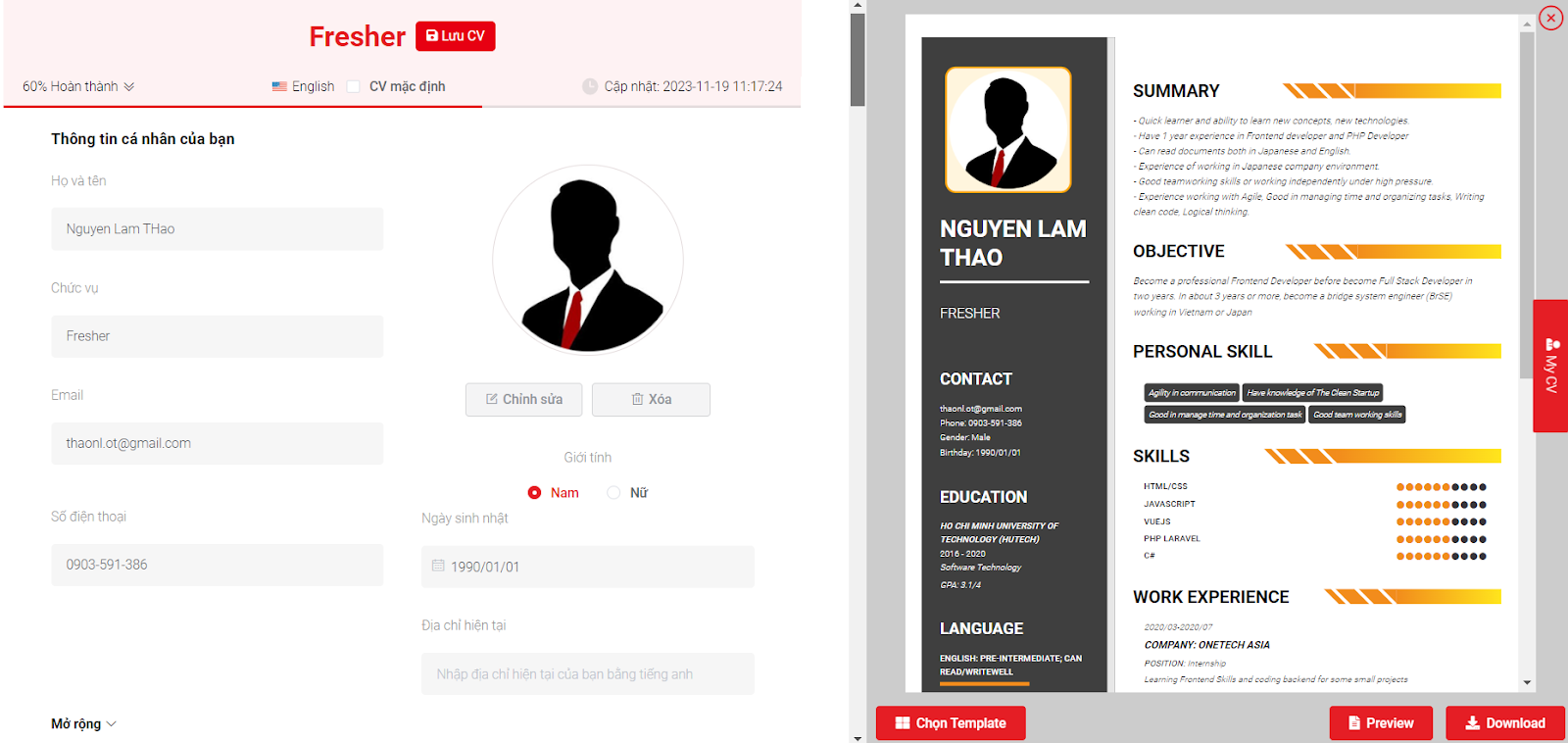 Màn hình tạo CV