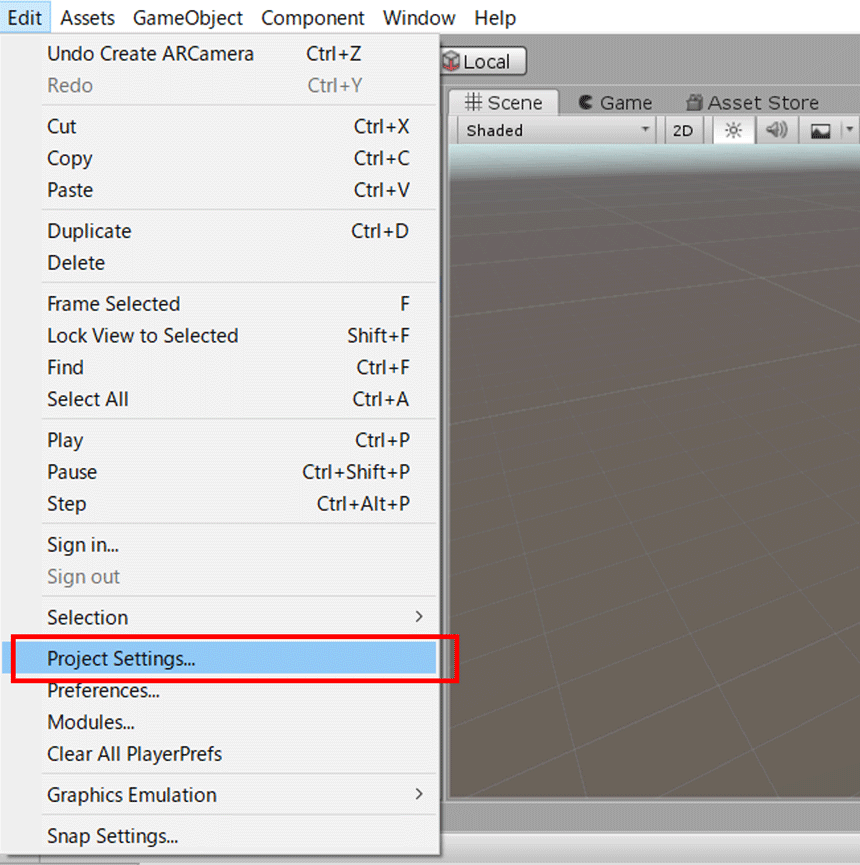 EditからProject Settingsを選択します。