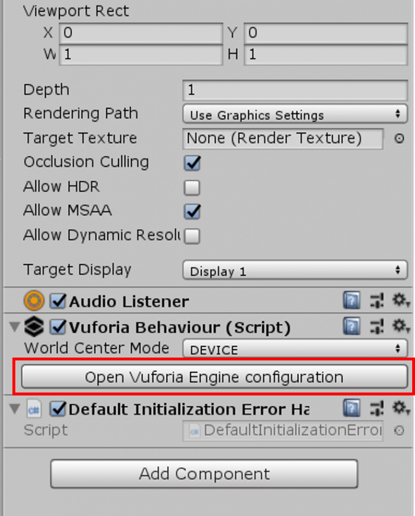右側の画面が変化するので、Vuforia Behavior（Script）のOpen Vuforia Engine configurationのボタンをクリックします。
