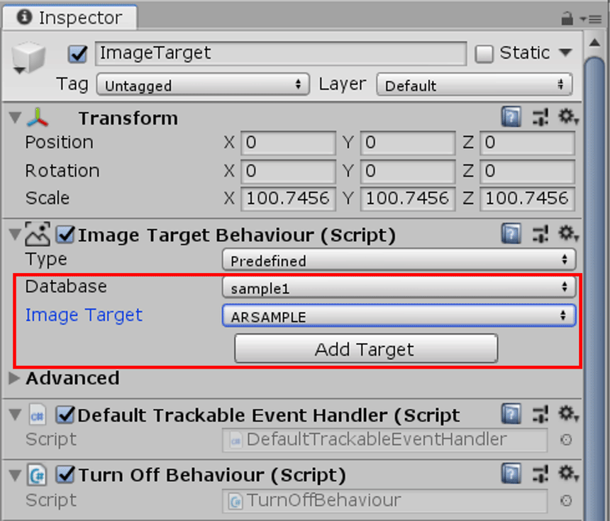 次にDatabaseとImage TargetにvuforiaのDatabaseとTargetを選択し、Add Targetをクリックします。