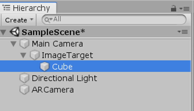 次にTarget上に表示させるAR Object「Cube」を選択します。